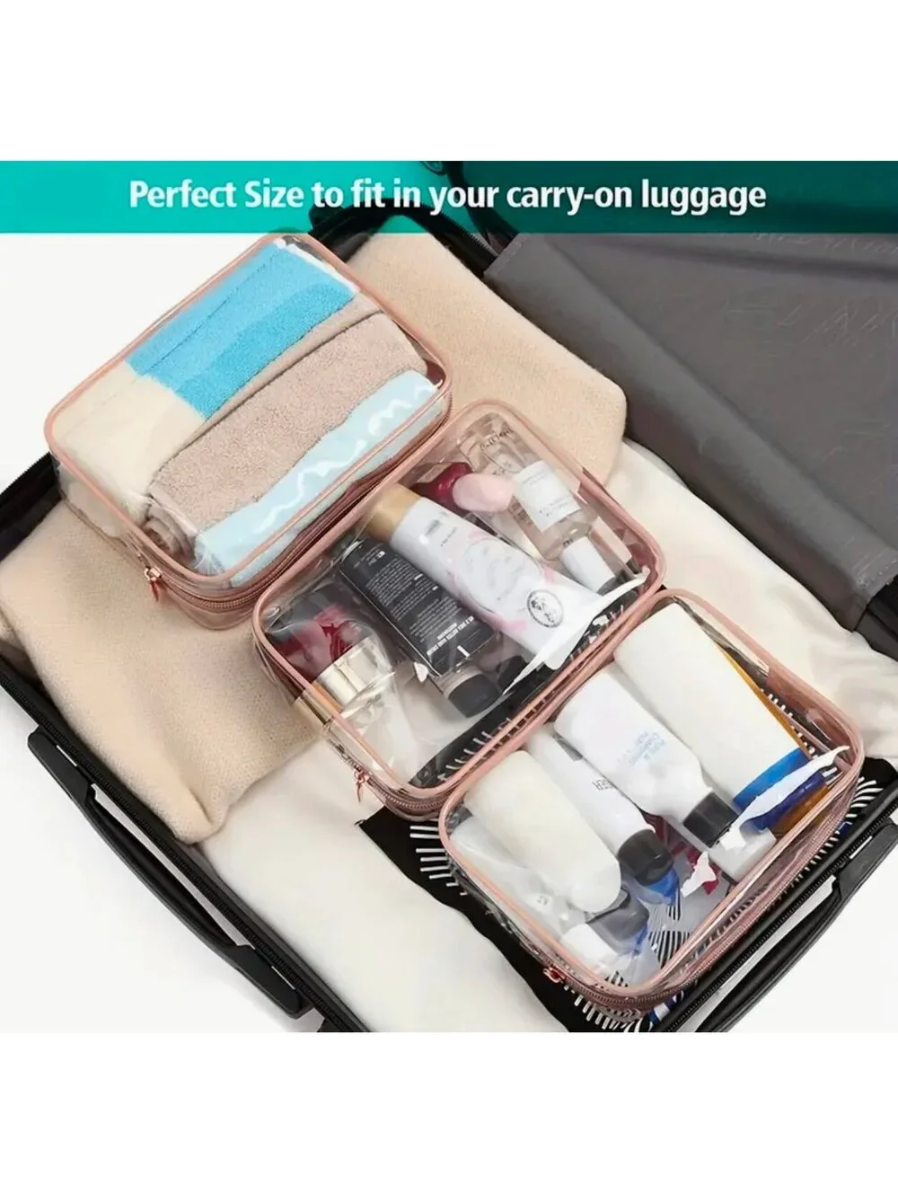 New - 2pcs Waterproof Transparent Toiletry Bag - Clear /Black Trim